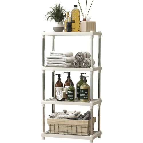 4 Tier White Plastic and Metal Freestanding Shelf Bathroom Organizer, Shelving Unit Storage Rack Organizer for Home, Garage, Basement, Shed and Laundry Room