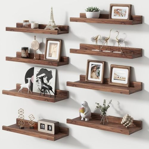 Picture Ledge Shelf, Small Floating Shelves Set of 8, 16 Inches Nursery Book Shelves for Toys Storage, Kids Bookshelf Wall Mounted for Living Room Bedroom Decor Books Photo Frames, Walnut