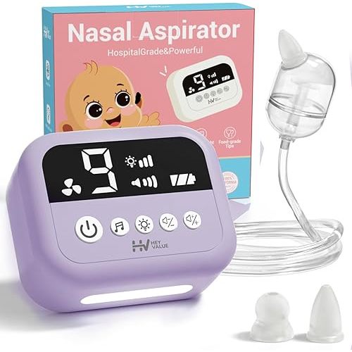 HEYVALUE Nasal Aspirator for Baby, Hospital Grade Nose Sucker with 9 Levels Suction, Night Light and Nursery Rhyme Soothing, Electric Nose Suction for Baby with Food-Grade Silicone Tips Purple