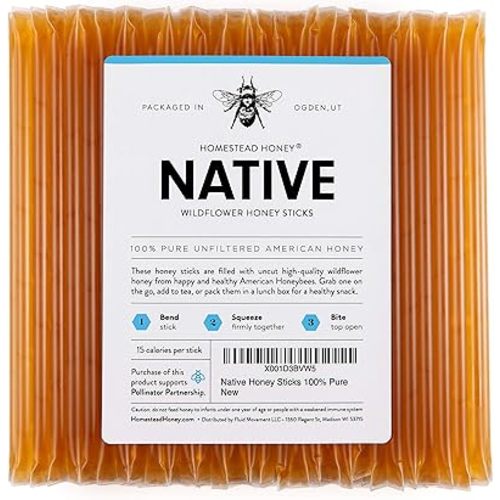 Homestead Native Honey Sticks - 100 Count - Made from Unfiltered Raw Wildflower - Sweetener for Tea and Snacks - Portable Honey to Go Sticks for Travel and Lunch Box