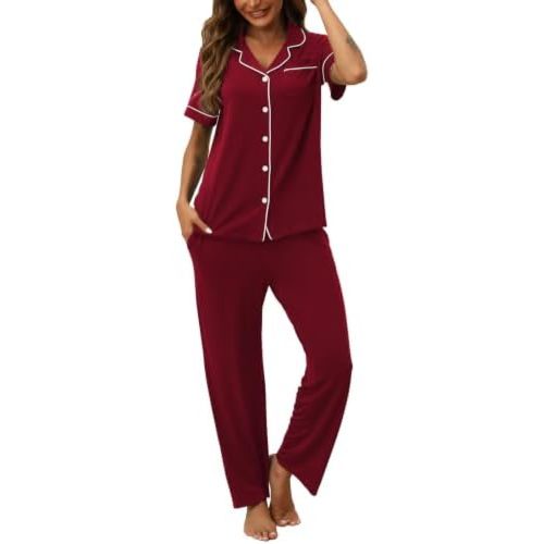 HNG Women Pajamas Set 2 Piece Button Up Pajamas Pant and Short Sleeve Shirt for Woman Pj Sets with Pocket