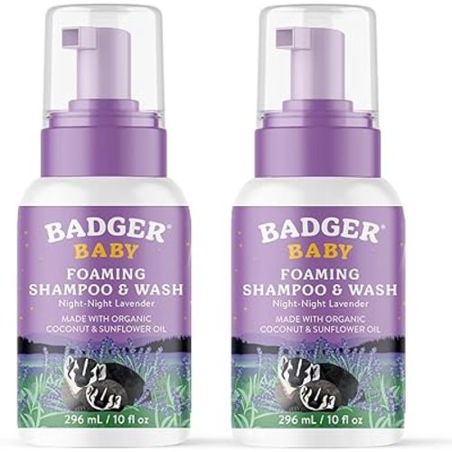 Badger Foaming Baby Shampoo and Body Wash, Gentle Organic Baby Wash w/Mild Calming Scent of Lavender, Long Lasting Foam & Easy to Use Sustainable Bottle, 10 fl oz, 2-Pack