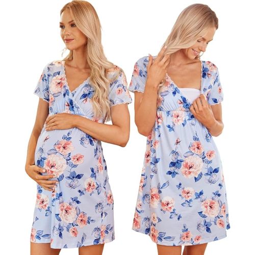 Ekouaer Women 3 in 1 Delivery/Labor/Maternity/Nursing Nightgown Short Sleeve Pleated Breastfeeding Sleep Dress(S-XXL)