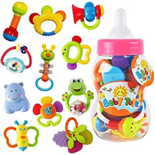 WISHTIME GRAP Baby Hand Development Rattle Toys for Newborn Infant with Giant Bottle Gift for 3 6 9 12 18Month-Pink