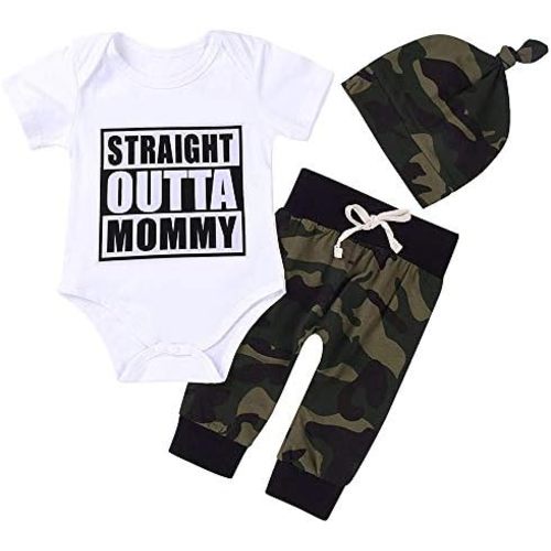 Cute 3pcs Newborn Baby Boys Letter Print Romper+Camouflage Pants+Hat Outfits Set