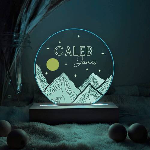 Name Night Light Custom | Mountains Moon Stars, Boho Nature Acrylic Circle Plaque, New Baby Shower Boy Girl, Birthday Gift, Unique Christmas