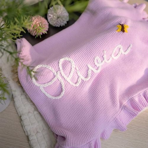 Personalized Ruffled Knit Baby Blanket – 30X40in Hand-Embroidered Name, Soft Cotton Throw with Embroidered Edges for Newborns, Toddlers, or Baby Gifts