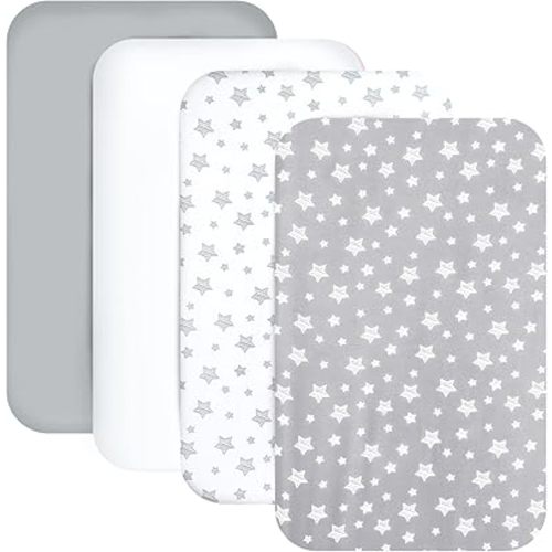 Mini Portable Crib Sheets 4 Pack for Boys or Girls (38" X 24"), Compatible with Dream on Me, Delta Porta Crib and Arms Reach Ideal Cosleeper, Grey