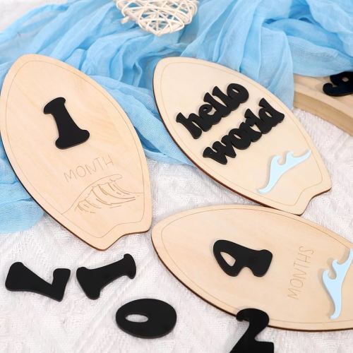 Wooden Surf Baby Monthly Milestone Cards - Beach First Year Monthly Milestone Markers, Ocean Waves Interchangeable Month Milestone Discs, Baby Photo Props