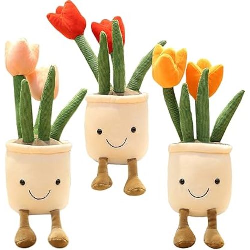 3pcs Tulip Plush Toy, Cute Tulip Plushies, Stuffed Potted Plants Plush Doll, Soft Plush Succulent Gifts for Kids Boys (Red+Orange+Pink)