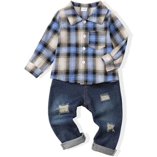 Renotemy Toddler Baby Boy Clothes Outfits Baby Boy Plaid Sweatsuit Jeans Denim Fall Winter Pants Set Toddler Clothes For Boys