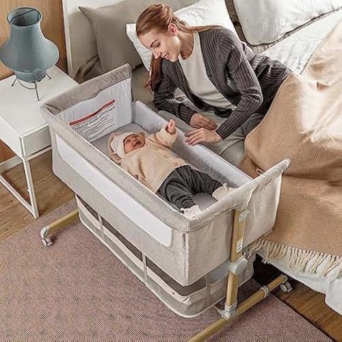 ANGELBLISS 3 in 1 Baby Bassinet, Rocking Bassinets Bedside Sleeper with Comfy Mattress and Wheels, 6 Height Adjustable Easy Folding Portable Bedside Crib for Newborn Infant
