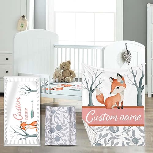 Custom Name Crib Bedding Set for Infant Baby, Personalized Nursery Decor Fox Baby Blanket Fitted Crib Sheet Changing Pad Cover 3 Pcs - A Great Gift