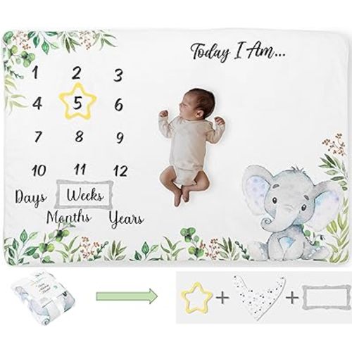 Baby Milestone Blanket, 60"x40", Baby Month Blanket for Unisex Babys, First Year Calendar Monthly Growth Chart, Baby Shower Gifts (Light Gray Elephant)