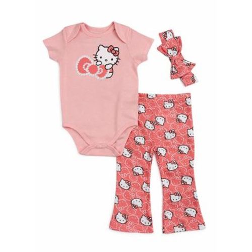 Hello Kitty Infant Girls' 3-Piece Bodysuit, Leggings and Headband Set, Peach/Faces, 12 Months