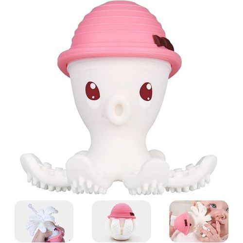 Baby Teethers for Babies 3-6-12-18 Months, Baby Teething Toys 9 Month old, Mombella Octopus Squishy Silicone Chew Toys for Infant, Baby Shower Registry for Girls, Message Sore Gums, Pink