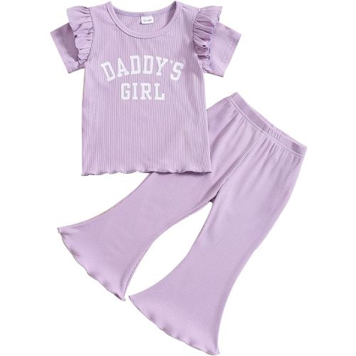 Fernvia Toddler Baby Girl Summer Clothes Set Ruffle Knit Ribbed Short Sleeves T-Shirts Tops Pants 2Pcs Outfits 0-5T - G-purple - 12-18 Months