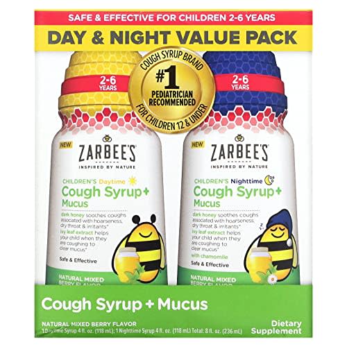 Zarbee's Children's Honey Cough Syrup + Mucus Day & Night Value Pack, Daytime & Nighttime Toddler Cough Syrup with Dark Honey & Ivy Leaf Extract, Mixed Berry Flavor, Two Pack, 2 x 4 fl. Oz
