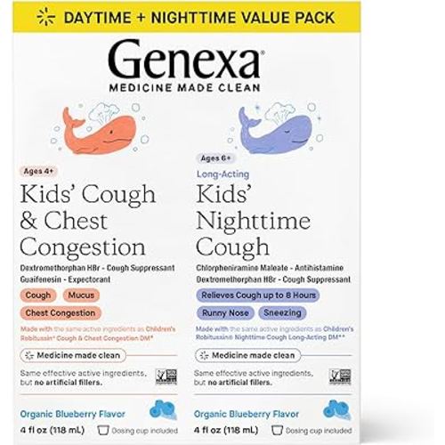 Genexa Kids' Day & Night Cough Combo Pack | Childrens Liquid Daytime Cough & Chest Congestion Relief | Nighttime Cough Suppressant + Runny Nose & Sneezing Relief for Kids 6+ | Blueberry Flavor, 4 FLOz