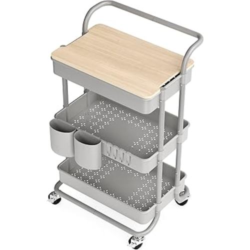 3 Tier Rolling Cart, with Table Top, Rolling Storage Cart with Handles and Locking Wheels, Utility Cart with 2 Small Baskets and 4 Hooks for Bathroom. Office, Balcony, Living Room (Grey)