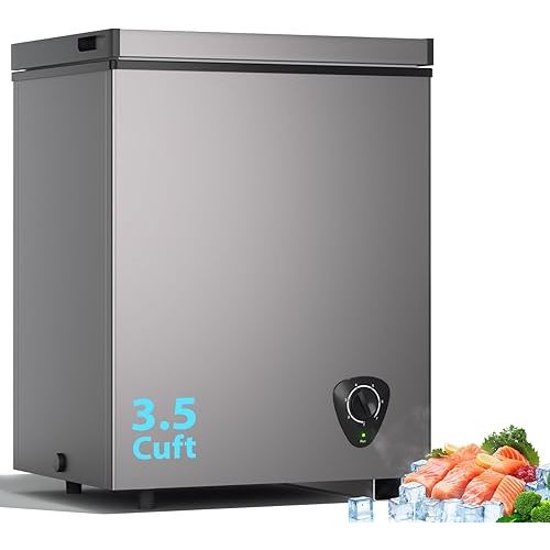 3.5 Cu.Ft Small Chest Freezer, Mini Deep Freezer with Removable Basket, Adjustable Temperature, Free Standing Top Open Door Energy Efficient Compact Freezer for Apartment, Home, Office, Garager，Gray
