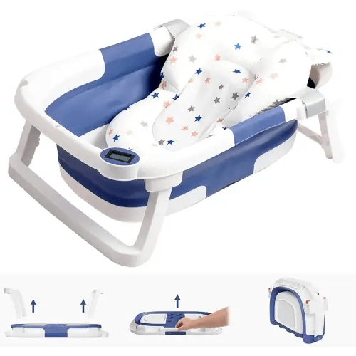 Collapsible Baby Bathtub,Baby Bath Tub with Soft Cushion & Thermometer,Baby Bathtub Newborn to Toddler 0-36 Months,Portable Travel Baby Tub,Blue