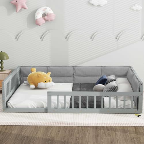 LUSPAZ Full Size Wood Floor Bed with Guardrail and Pillow for Toddlers and Baby, Upholstered Montessori Safety Guaranteed Platform Bed Frame, No Box Spring Required, for Kids' Room or Baby Room, Gray