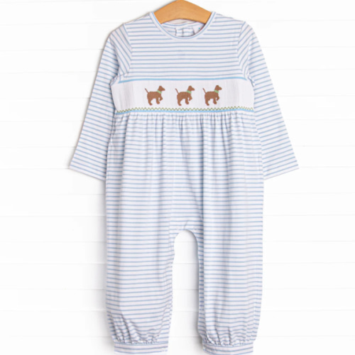 Puppy Present Smocked Romper, Blue – Stitchy Fish