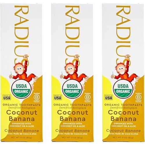 RADIUS USDA Organic Kids Toothpaste 3oz Non Toxic Chemical-Free Gluten-Free Designed to Improve Gum Health for Children's 6 Months and Up - Coconut Banana - Pack of 3