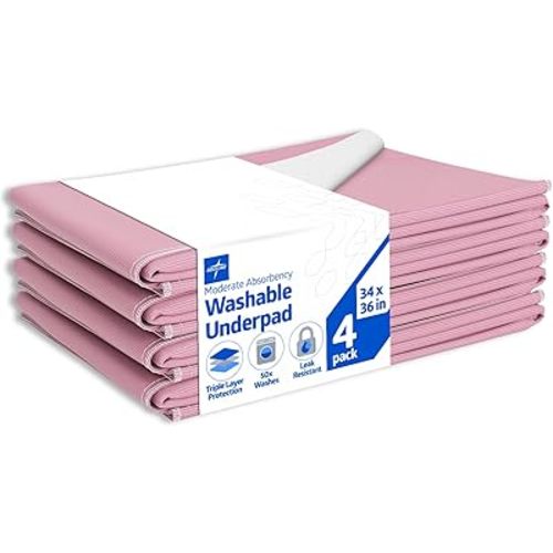 Medline Washable Bed Pads for Incontinence, Large 34 x 36 inch Reusable Underpads, 4 Pack, Pee Pads for Dogs, Adults, Kids and Baby, Pink Sofnit 300