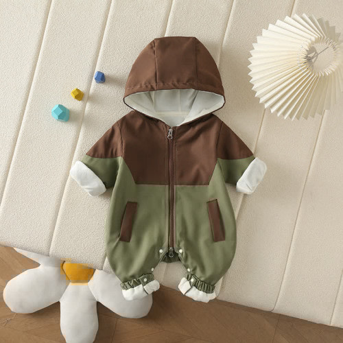Baby Contrast Color Cotton Padded Hooded Romper