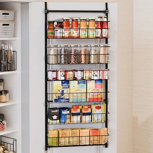 Fixwal 6-Tier Over the Door Pantry Organizer, Metal Hanging Spice Rack Storage Shelves with Adjustable Baskets for Kitchen, Black