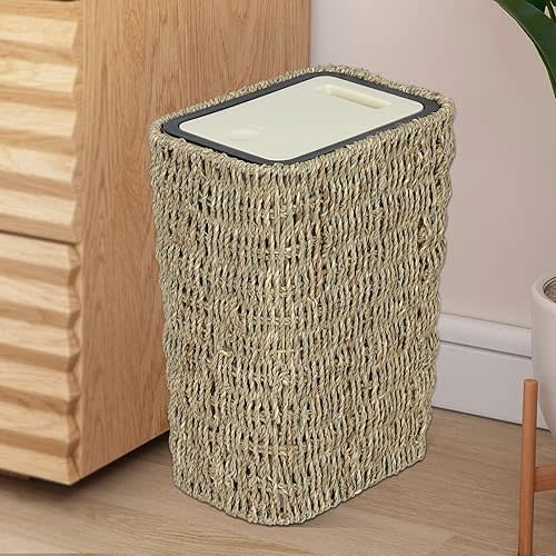 Boho Trash Can with Lid,3 Gallon Small Rattan Trash Can with Press Top Lid,Slim Wicker Waste Basket and Hamper 2 in 1 for Bathroom,Seagrass Woven Garbage Can Trash Basket for Bathroom,Kitchen