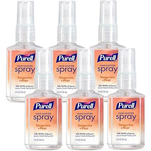 PURELL Hand Sanitizer Spray, Infused with Essential Oils, Tangerine and Pear Scent, 2 fl oz Travel-Size Pump Bottle (Pack of 6) – 2025-04-EC