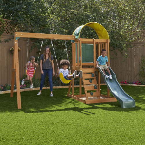 KidKraft Ainsley Wooden Playhouse Playground Combo Swing Set for Backyard