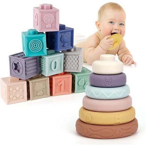 Mini Tudou Baby Blocks & Stacking Circles Toy Set, Baby Sensory Building & Teething Toys Educational Squeeze Play with Animals Shapes Textures Numbers, Best for Toddlers Babies 6m+