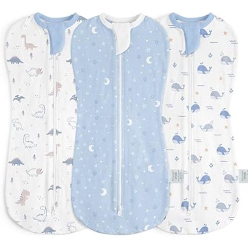 Baby Swaddle 0-2 Months, Cotton Arm-In Zipper Sleep Sack, Wearable Blankets Wrap for Newborn Infant Boys (Dinosaur, Star Moon, Whale, Pack of 3)