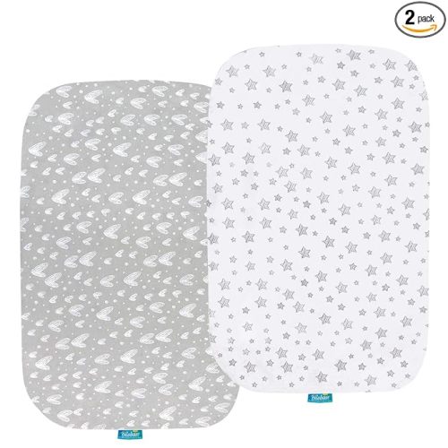 Bassinet Sheets Compatible with AirClub, GoFirst and MiClassic Bassinet Bedside Sleeper, 2 Pack,100% Jersey Knit Cotton Fitted Sheets, Mild Grey Hearts and White Stars Print