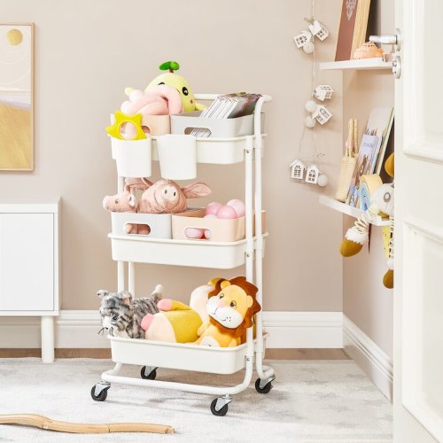 3-Tier Storage Trolley with Handle 2 Small Organizers Steel Frame Plastic Baskets Utility Cart