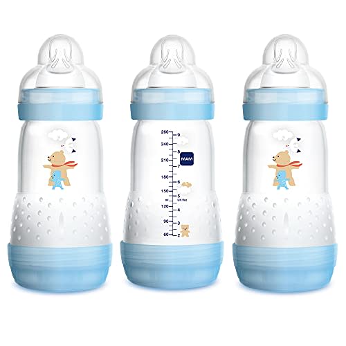 MAM 9oz Easy Start Anti-Colic Baby Bottles, Medium Flow, Breastfeeding-Like Silicone Nipple Bottle, Reduces Colic, Gas, & Reflux, Easy-to-Clean, BPA-Free, 2+ Months