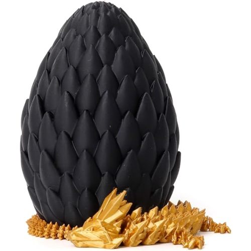 3D Printed Dragon Egg - Black Egg with 12” Gold Dragon - Large Fidget Toy, Flexible Articulated Crystal Dragon Inside,Figurine Decor, Executive Desk Toy, Dinosaur Toys for Kids 8-12 Gift