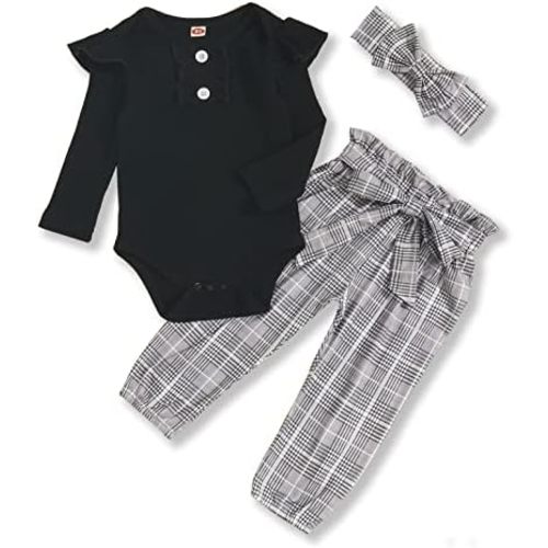 Kislio Newborn Baby Girls Clothes Ribbed Ruffled Romper+Floral Pants+Headband Infant Outfit Set