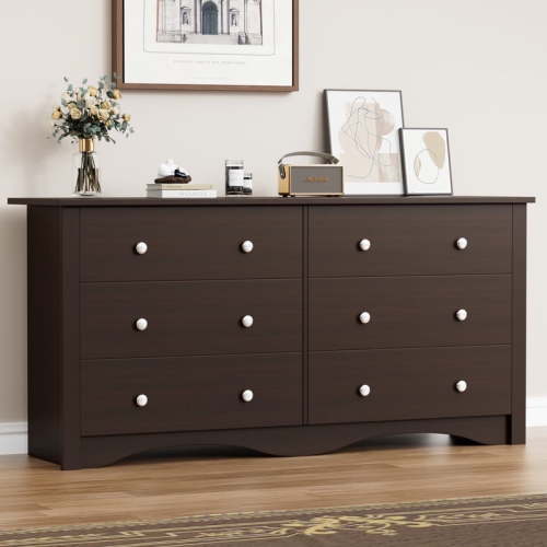 Lumihaven Rustic Modern Chest of 6 Drawers,Extra Wide Double Dresser for Master Bedroom or Nursery Storage,Brown