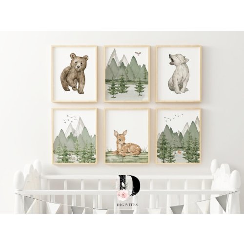 Printable Woodland animal Nursery wall art, Mountain wall art, Adventure theme nursery, Forest sage green, Forest animals, nursery decor