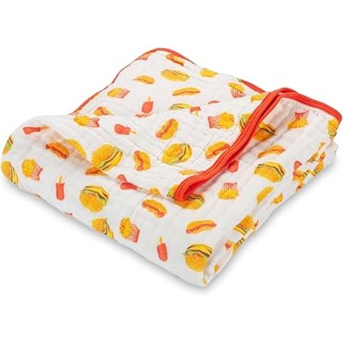 LollyBanks Muslin Baby Blanket, 100% Cotton Baby Quilt for Boys and Girls, Large 47 x 47 Inches, 6 Layers Soft and Breathable Quilt Blanket, Cozy Newborn Nursery Blankets, Registry (Fun Food Icons)