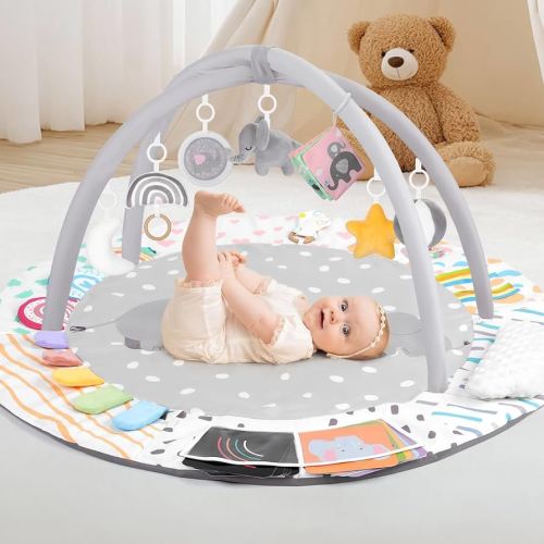 Baby Play Gym & Activity Mat, Tummy Time Mat with Tummy Time Pillow 7 Detachable Sensory Toys and Educational Cards for Motor Skills & Sensory Development, Baby Essentials Shower Gift, Grey Elephant