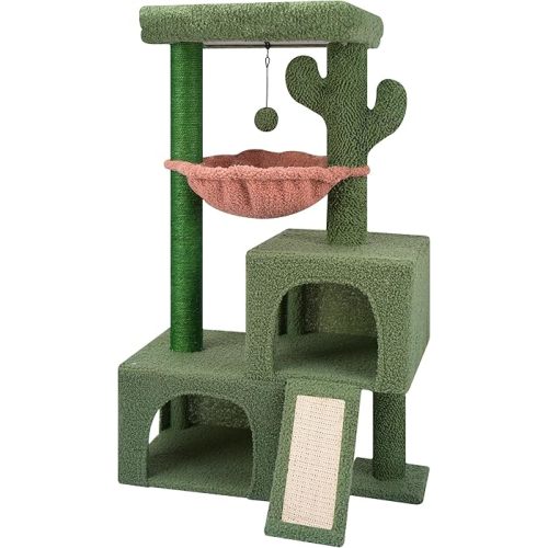 AIWIKIDE 37.4" Cactus Cat Tree Tower with Twin Cat Condos for Indoor Cats, All-in-One Activity Center with Cat Scratching Post Cozy Sleeping Perch Hammock and Toy Balls,Green