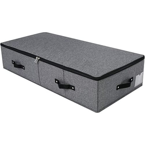 Foldable Fabric Sturdy Under Bed Storage Box with 6 Handles, Zipper Lid, Blankets Clothes Comforters Storage Bin Organizer for Bedroom and Closet, 35x 16.5 x 7inch, Black Grey
