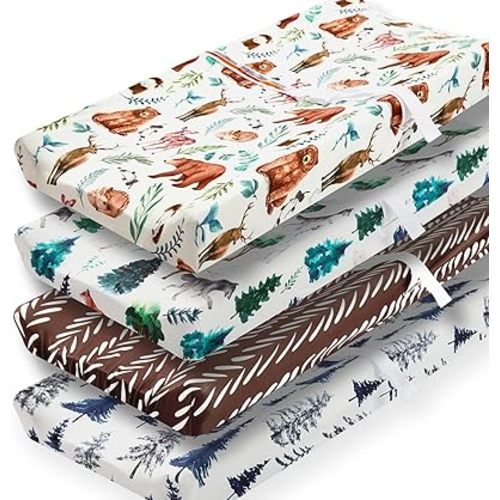 4 Pack Changing Pad Covers Woodland Forest Animals Wood Neutral Unisex Fitted Baby Changing Pad Cover Set for Baby Boys or Girls
