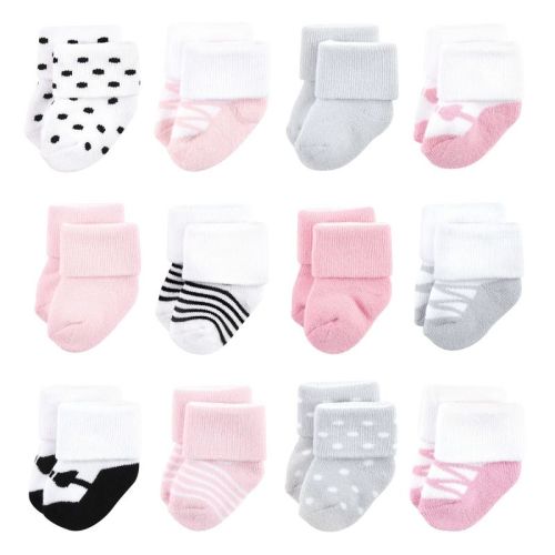 Luvable Friends Baby Girl Newborn And Baby Terry Socks, Pink Black Ballet 12-pack, 0-6 Months
